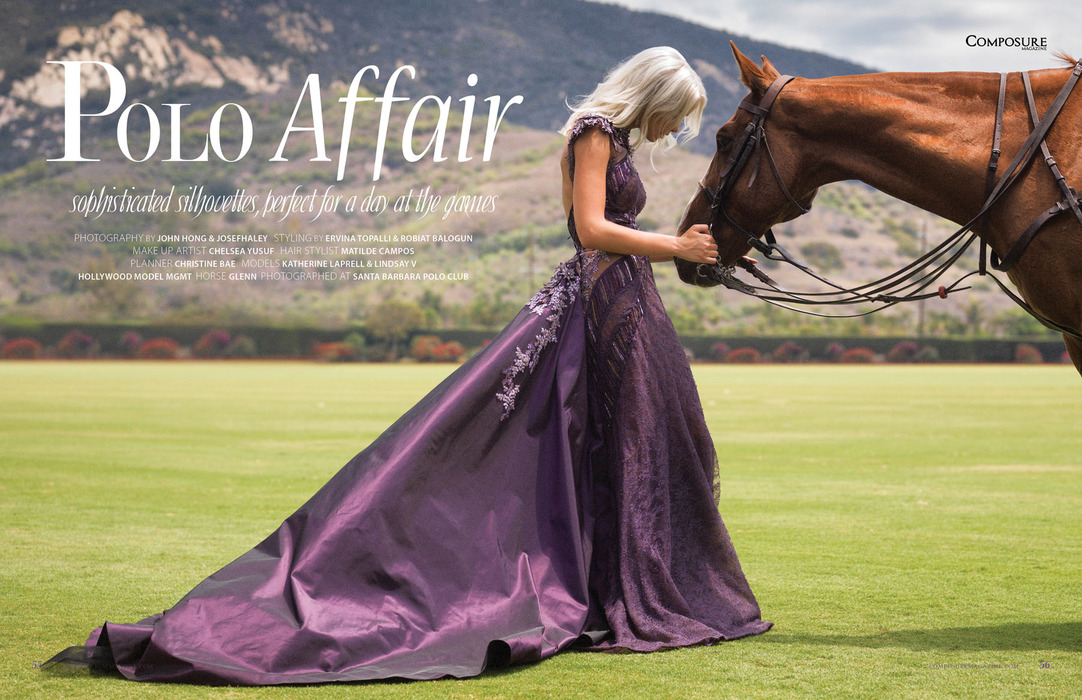 Violet ball gown styled for an equestrian fashion editorial